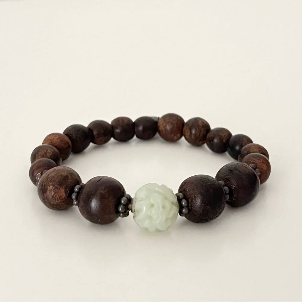 Handmade Wood & Genuine Jade Bead Bracelet from Hong Kong's Bothos Boho Luxe